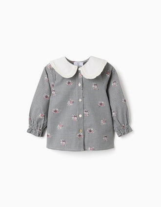 Camisa de algodón Vichy con flores para bebé niña, blanco/azul marino