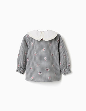 Camisa de algodón Vichy con flores para bebé niña, blanco/azul marino