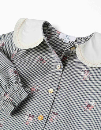 Camisa de algodón Vichy con flores para bebé niña, blanco/azul marino