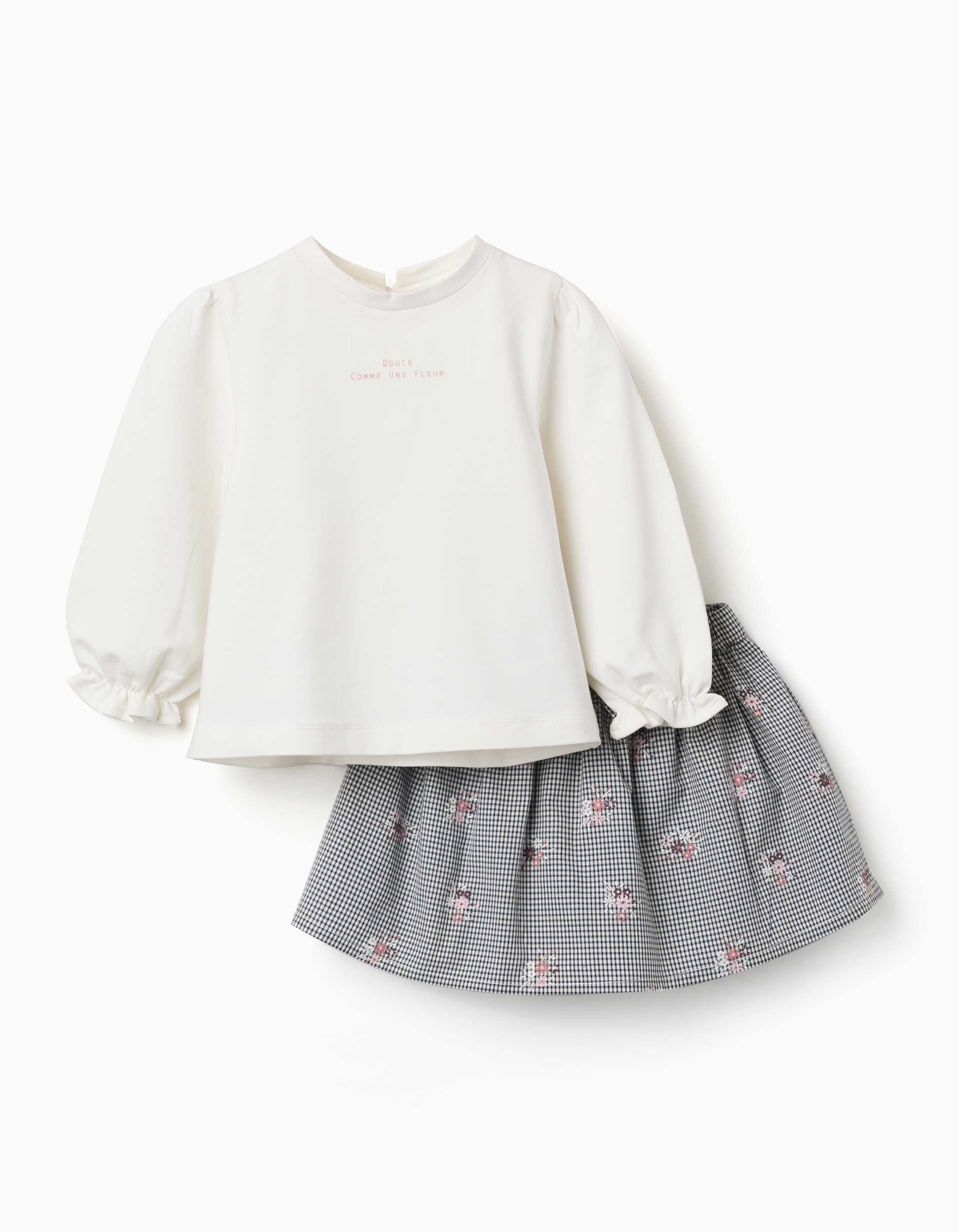 Cotton sweatshirt and gingham skort for baby girls, white/navy blue