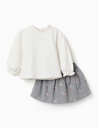 Cotton sweatshirt and gingham skort for baby girls, white/navy blue