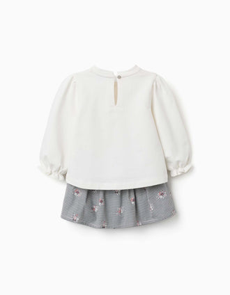 Cotton sweatshirt and gingham skort for baby girls, white/navy blue