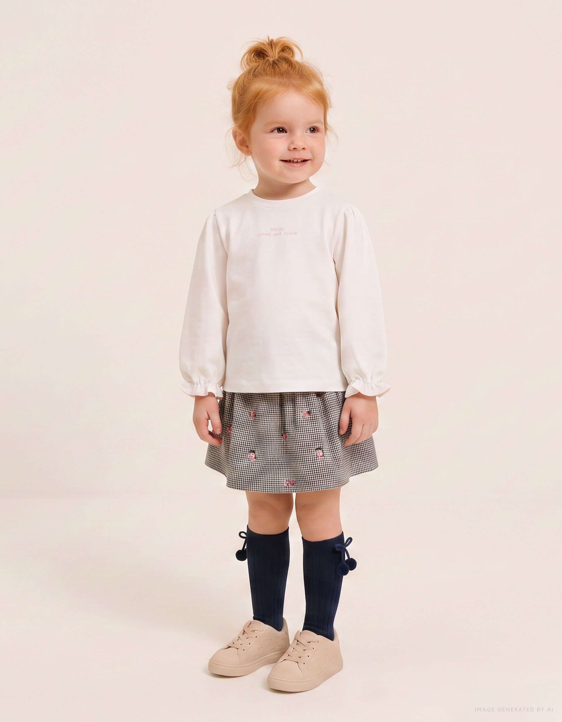 Sweat en coton et jupe-short Vichy pour bébé fille, blanc/bleu marine