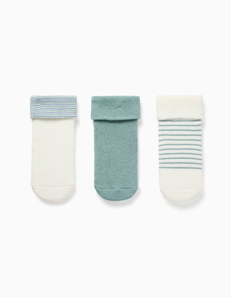3 pares de meias lisas/riscas para recém-nascidos, branco/verde/azul