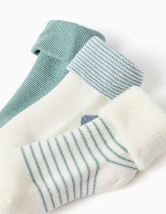 3 pares de meias lisas/riscas para recém-nascidos, branco/verde/azul