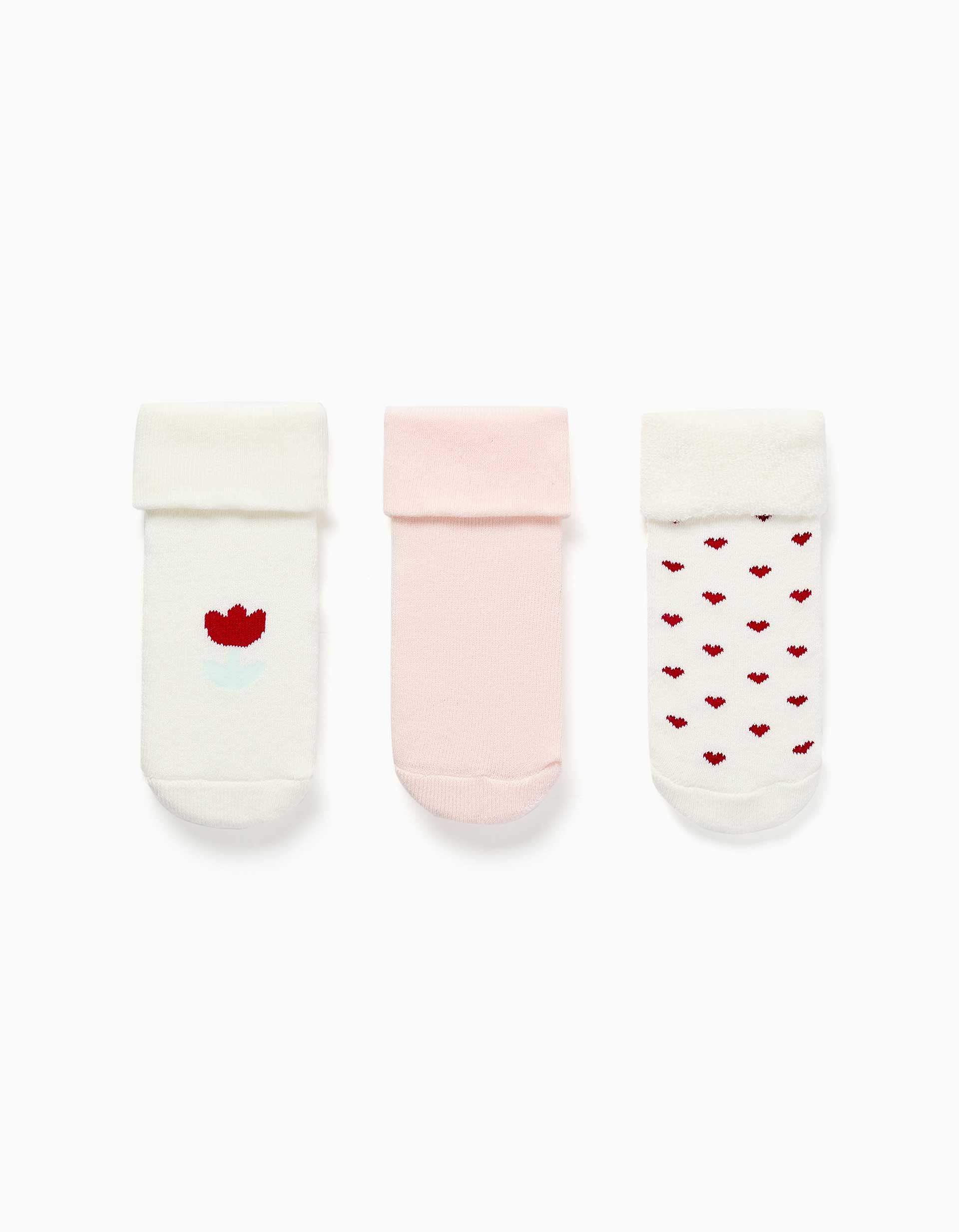 3 meias em turco com corações e flores para recém-nascida, branco/rosa