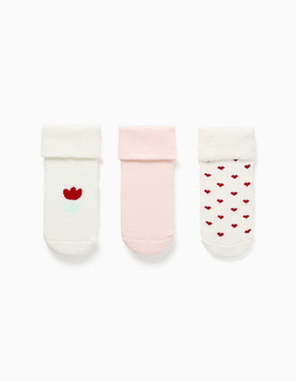 3 meias em turco com corações e flores para recém-nascida, branco/rosa