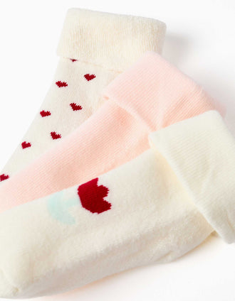 3 meias em turco com corações e flores para recém-nascida, branco/rosa