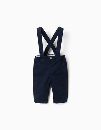 Calças de sarja com suspensórios amovíveis para recém-nascido, azul-marinho