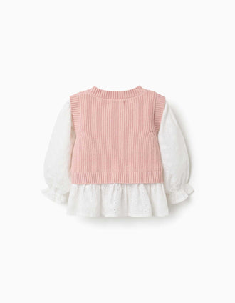 Dual-fabric jumper for baby girls, white/light pink