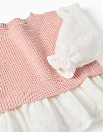 Dual-fabric jumper for baby girls, white/light pink
