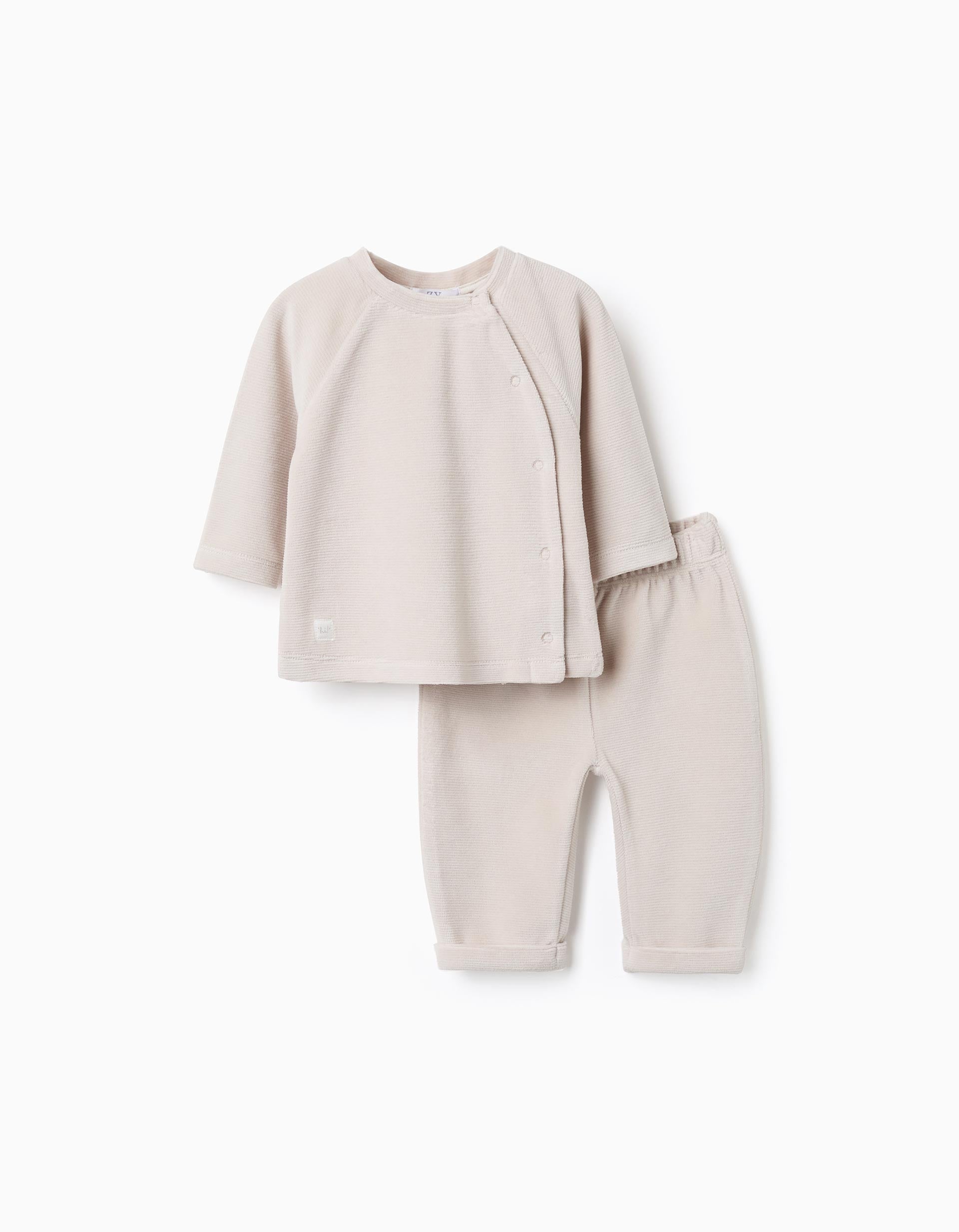Pijama canelado em veludo para recém-nascidos, bege-claro