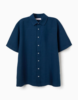 Camisa de manga curta de algodão You&Me para homem, azul-escuro