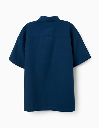 Camisa de manga curta de algodão You&Me para homem, azul-escuro