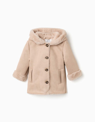 Abrigo de antelina con capucha y forro de pelo para bebé niña, beige