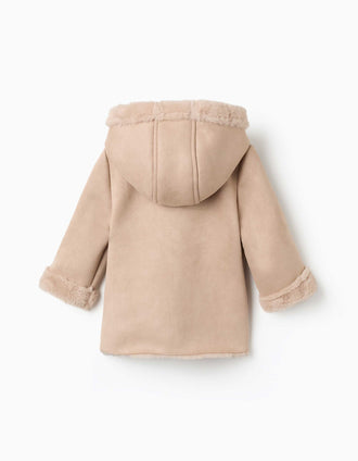 Abrigo de antelina con capucha y forro de pelo para bebé niña, beige