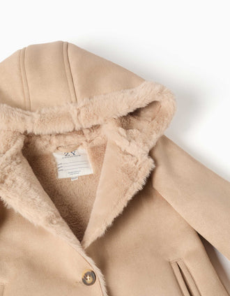 Abrigo de antelina con capucha y forro de pelo para bebé niña, beige