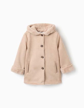 Hooded suedette coat with faux fur lining for girls, beige