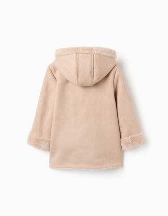 Hooded suedette coat with faux fur lining for girls, beige