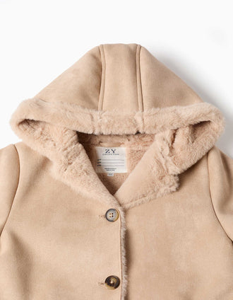 Hooded suedette coat with faux fur lining for girls, beige