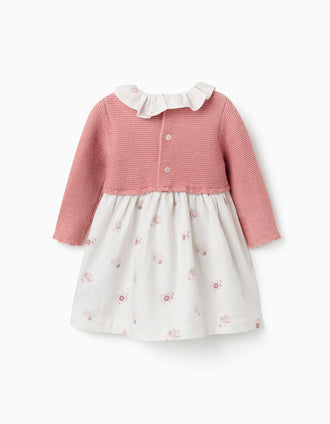 Dual-fabric dress with floral print for newborn girls, pink/white