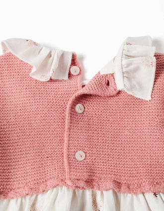 Dual-fabric dress with floral print for newborn girls, pink/white