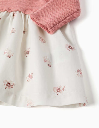 Dual-fabric dress with floral print for newborn girls, pink/white