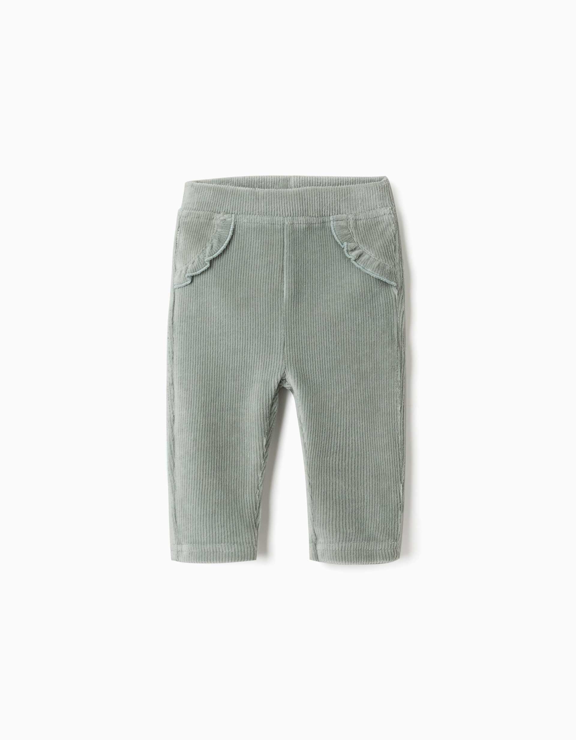 Corduroy leggings with ruffles for newborn girls, light green