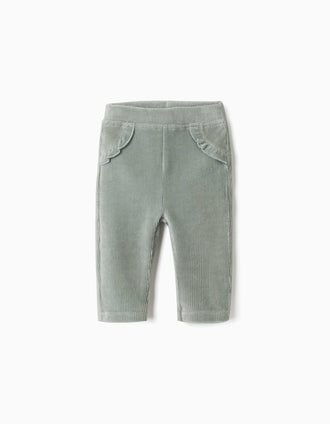 Corduroy leggings with ruffles for newborn girls, light green