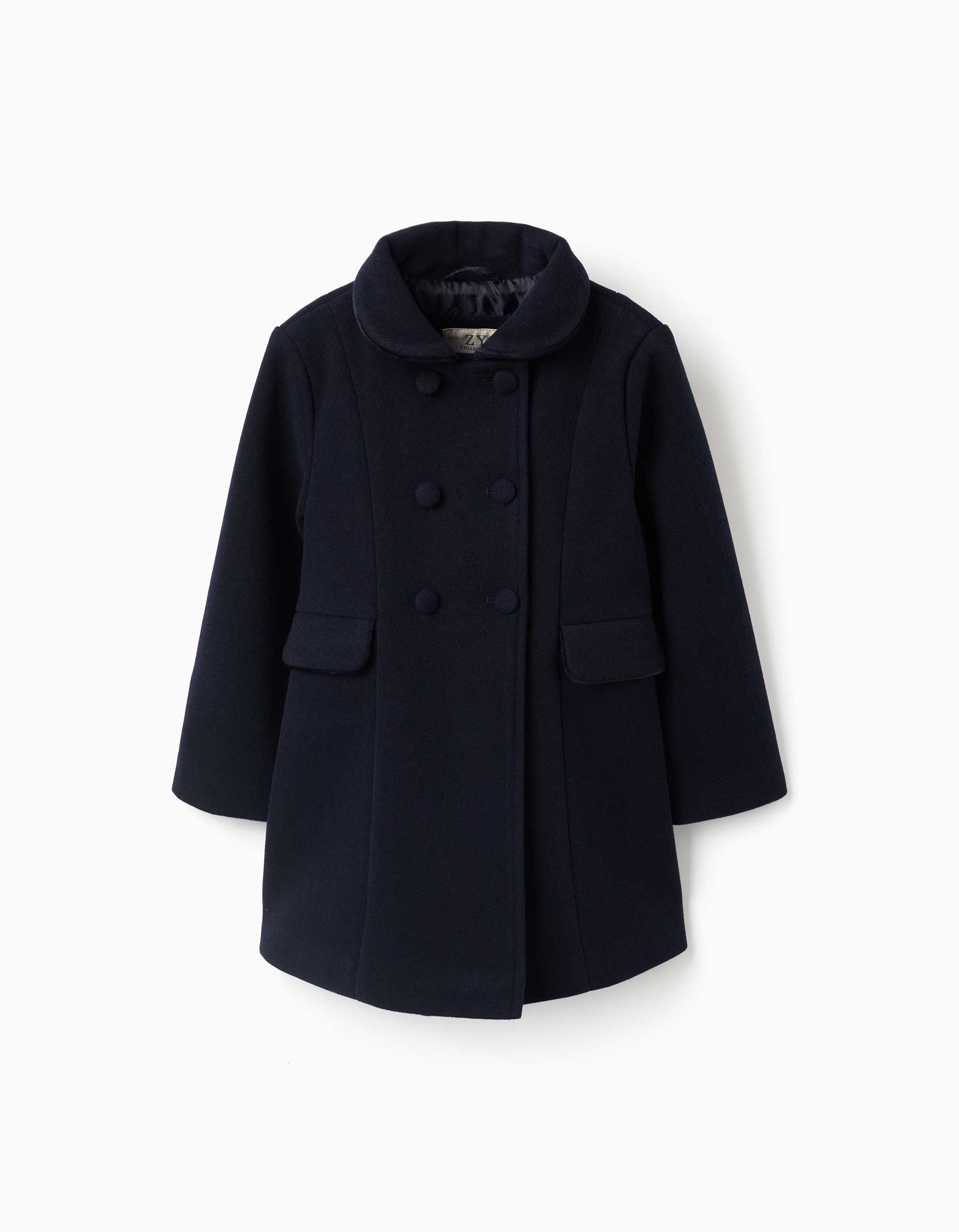 Manteau à effet laine avec poches devant pour fille, bleu marine