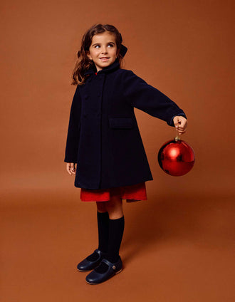 Manteau à effet laine avec poches devant pour fille, bleu marine