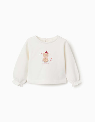 Sudadera perchada con reno estampado para bebé niña, blanco