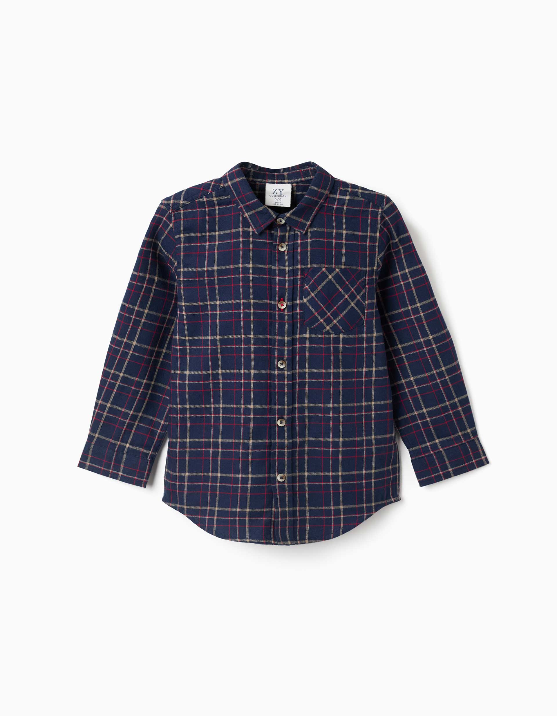 Long sleeve flannel shirt with plaid pattern for boys, navy blue