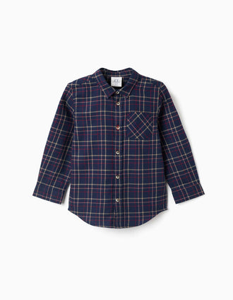 Long sleeve flannel shirt with plaid pattern for boys, navy blue