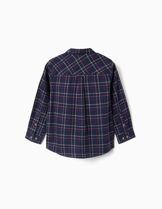 Long sleeve flannel shirt with plaid pattern for boys, navy blue