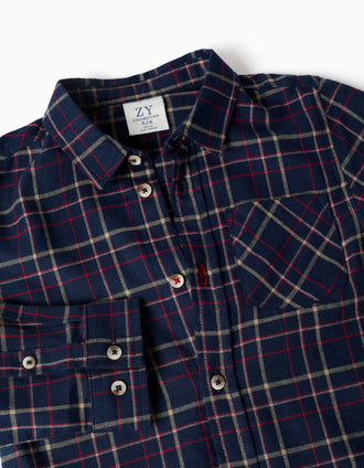 Long sleeve flannel shirt with plaid pattern for boys, navy blue