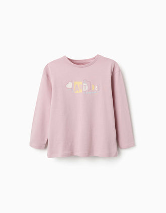 T-shirt en coton à manches longues à imprimé et volants pour fille, lilas