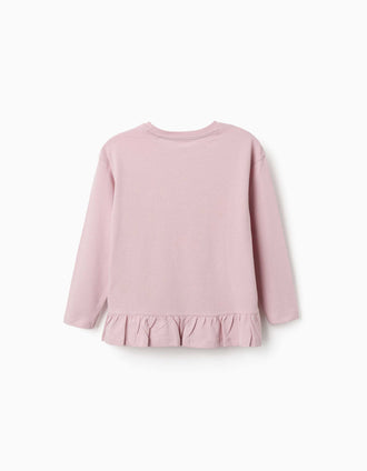 T-shirt en coton à manches longues à imprimé et volants pour fille, lilas