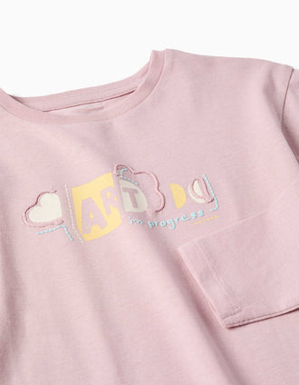 T-shirt en coton à manches longues à imprimé et volants pour fille, lilas