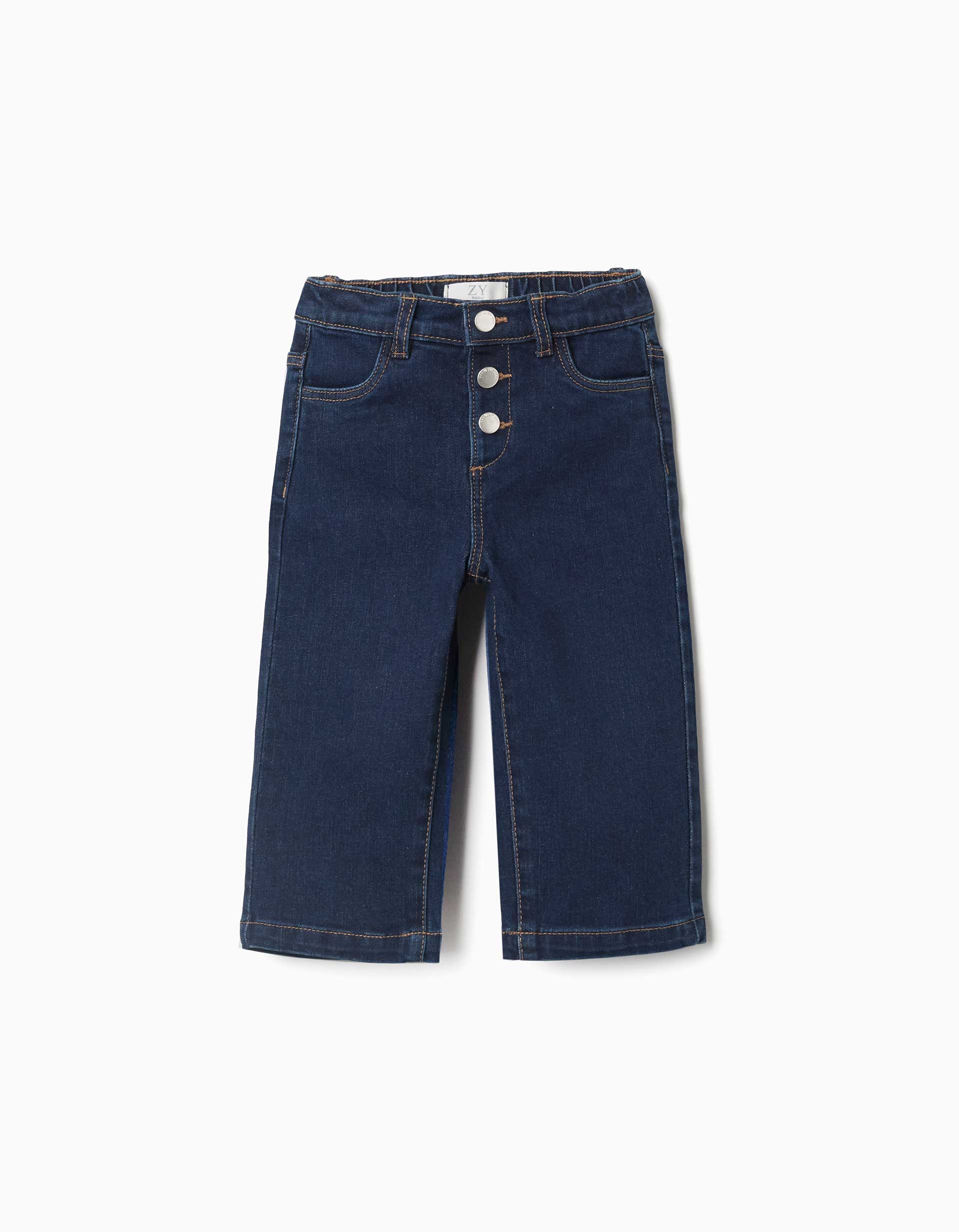 Calças de ganga wide leg com molas de pressão para bebé menina, azul-escuro