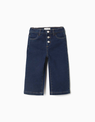 Calças de ganga wide leg com molas de pressão para bebé menina, azul-escuro
