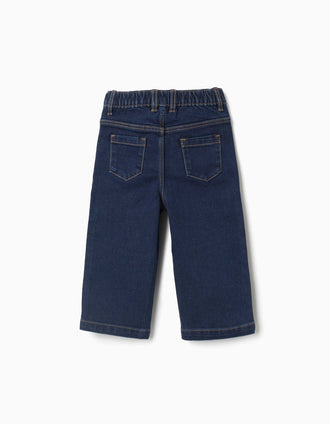 Calças de ganga wide leg com molas de pressão para bebé menina, azul-escuro