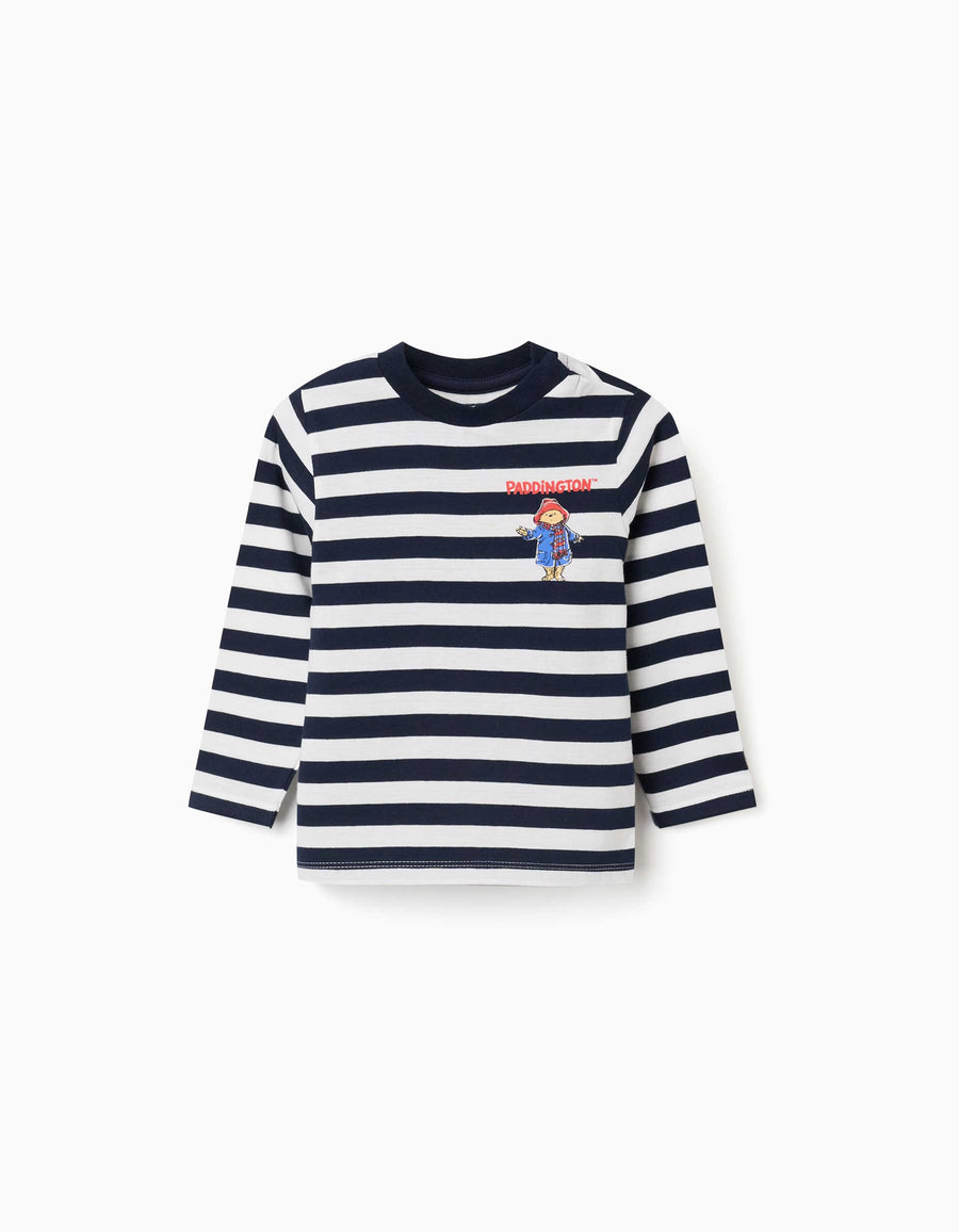 Long sleeve striped T-shirt with Paddington for baby boys, white/blue