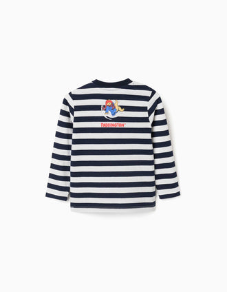 T-shirt de manga comprida às riscas Paddington para bebé menino, branco/azul