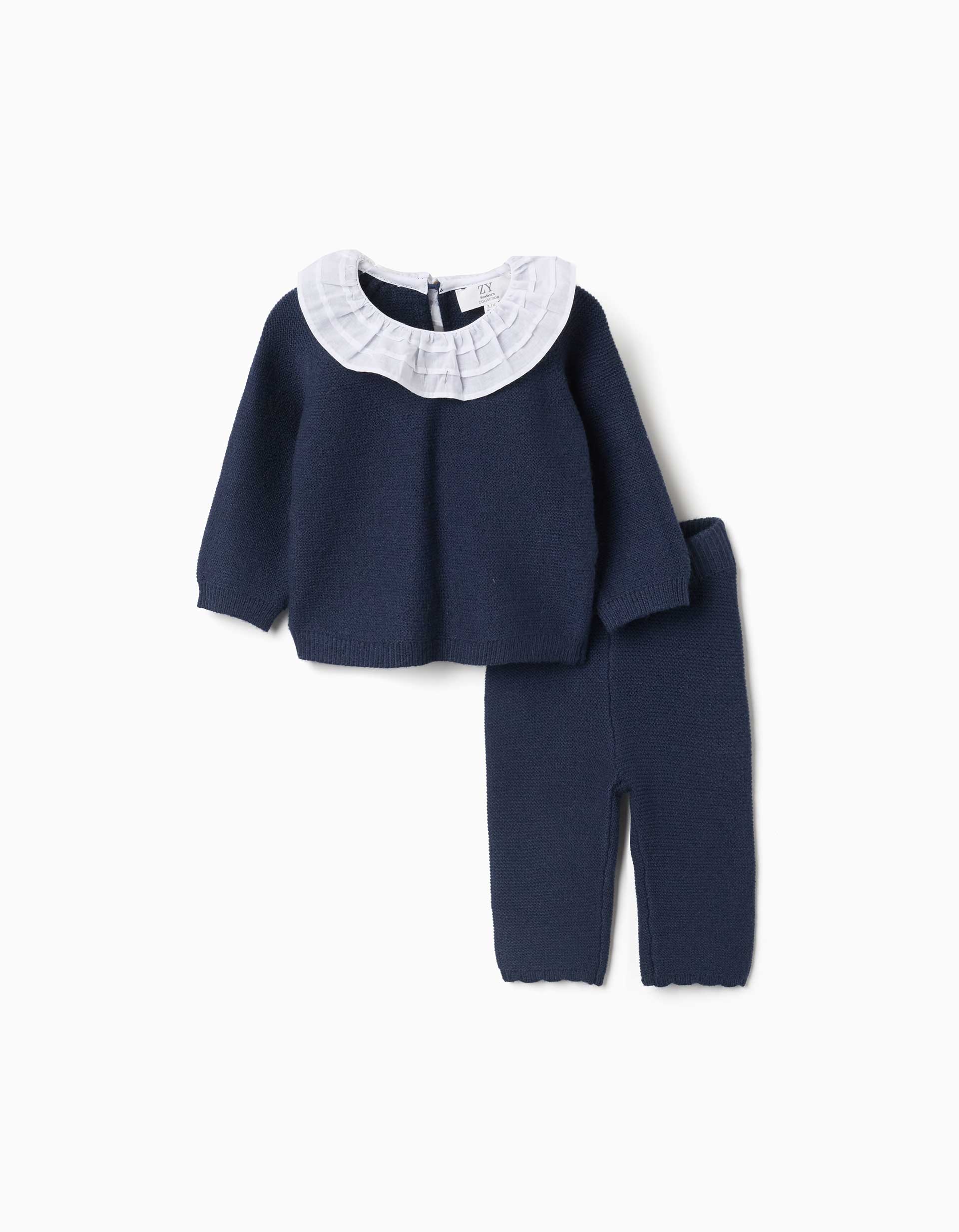 Knitted jumper and trousers set for newborn girls, navy blue