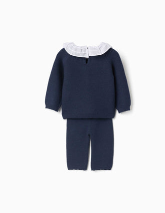 Knitted jumper and trousers set for newborn girls, navy blue