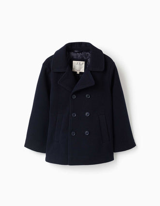 Wool effect coat with front pockets for boys, navy blue