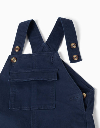 Jardineiras de sarja com bolso com aba para bebé menino, azul-marinho