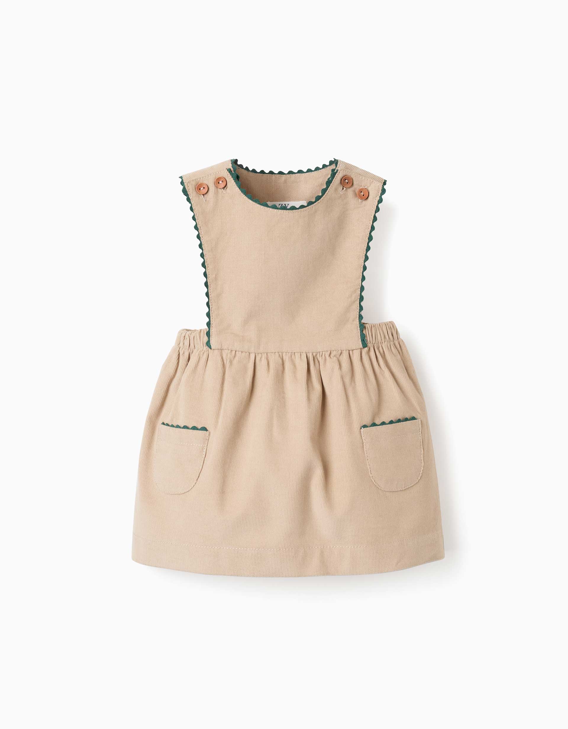 Corduroy pinafore dress with pockets for newborn girls, beige