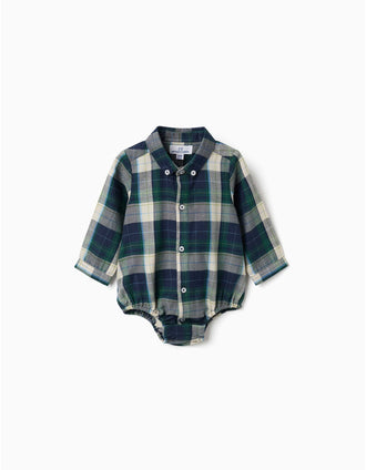 Checked cotton body-shirt B&S for newborn boys, blue/green/beige